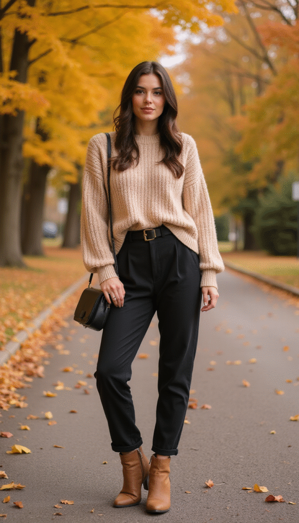 A stylish woman wearing a chic midsize fall outfit featuring a cozy oversized sweater, high-waisted pants, ankle boots, and a fashionable scarf; warm autumn colors like rust, mustard, and deep green, casual yet trendy style, with a blurred fall park background, vibrant and inviting.