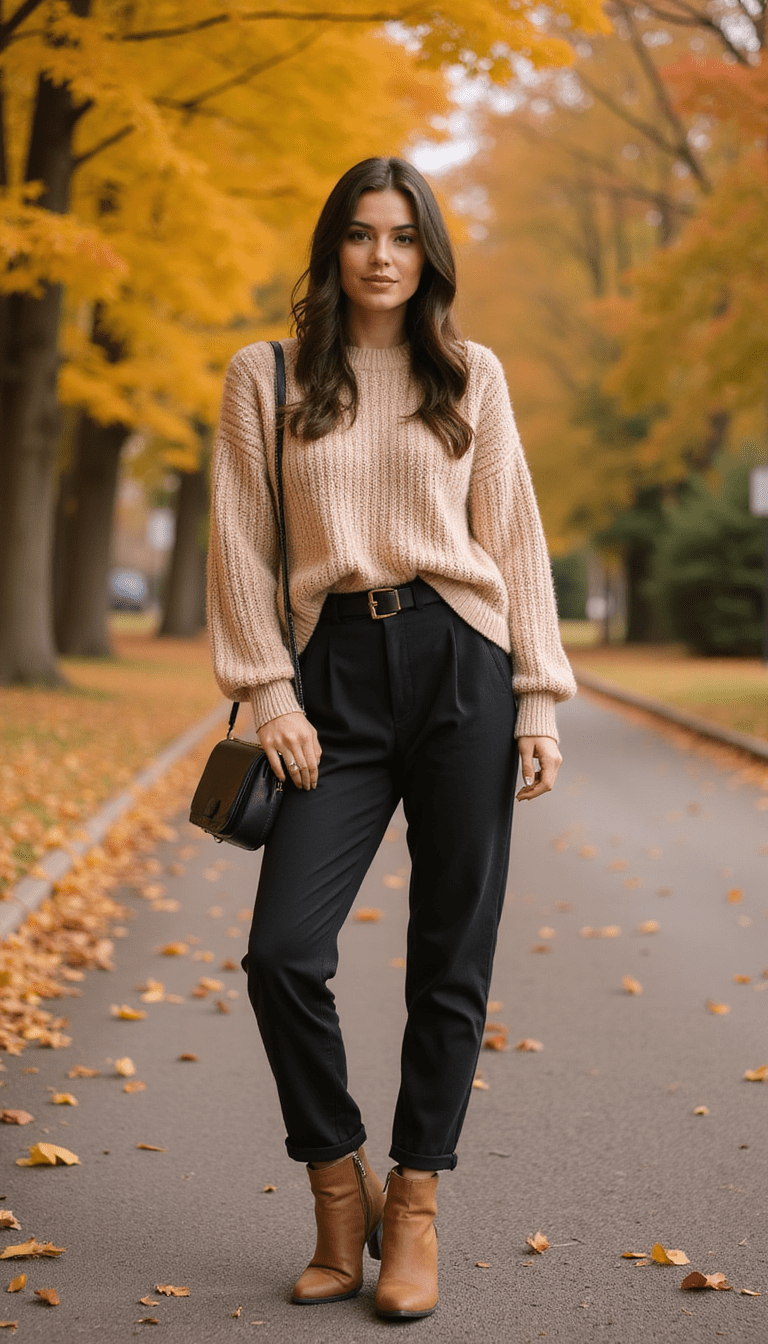A stylish woman wearing a chic midsize fall outfit featuring a cozy oversized sweater, high-waisted pants, ankle boots, and a fashionable scarf; warm autumn colors like rust, mustard, and deep green, casual yet trendy style, with a blurred fall park background, vibrant and inviting.