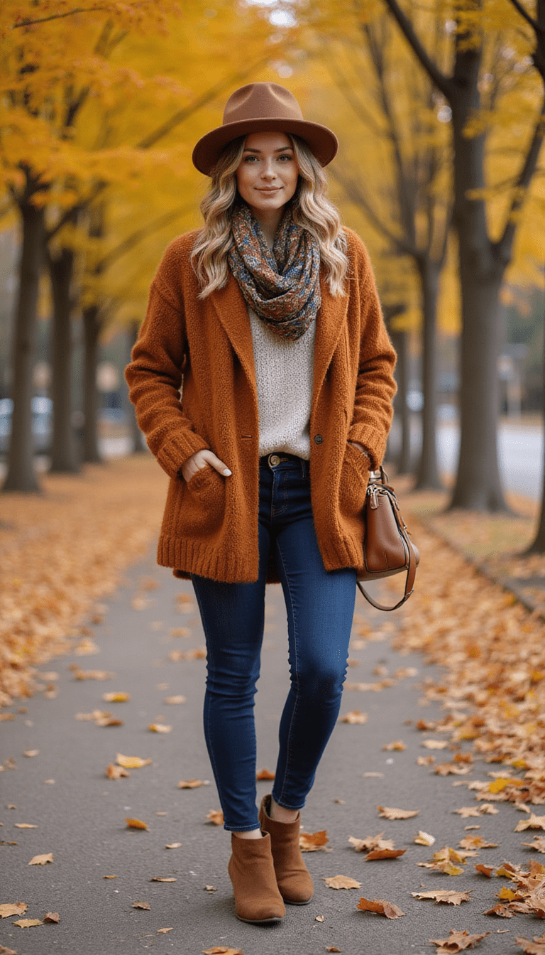 Vibrant autumn-inspired fashion ensemble featuring layered cozy sweaters, chic boots, warm earth-tone colors, set against a backdrop of falling leaves and outdoor cityscape, stylish and inviting mood.