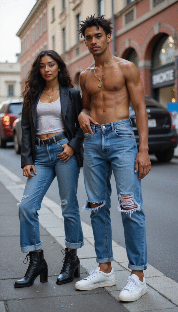 A vibrant street fashion scene featuring models wearing diverse styles of jeans with modern cuts and washes, colorful backgrounds, and a lively urban atmosphere in a clean, artistic style