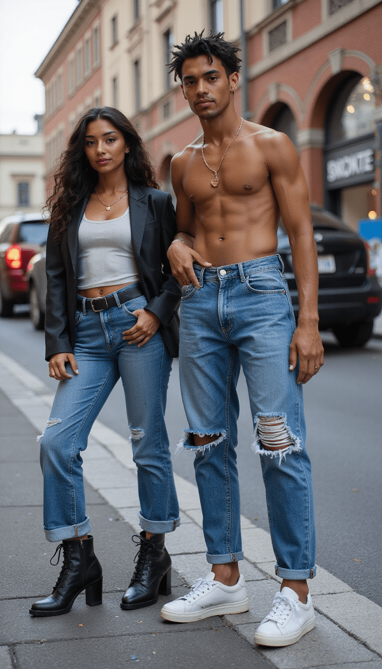 A vibrant street fashion scene featuring models wearing diverse styles of jeans with modern cuts and washes, colorful backgrounds, and a lively urban atmosphere in a clean, artistic style