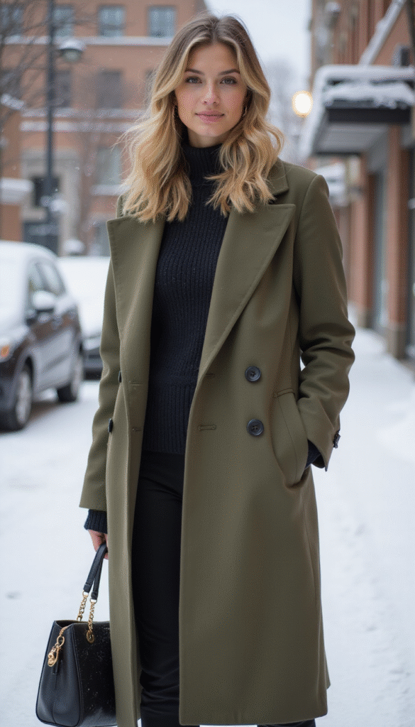 A stylish woman wearing a trendy olive maxi coat standing outdoors in winter, with soft natural light highlighting the coat's texture and color, surrounded by snow-covered trees and a clear winter sky, creating a cozy and fashionable winter scene.