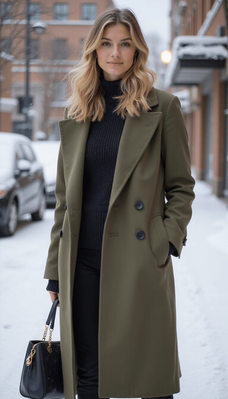A stylish woman wearing a trendy olive maxi coat standing outdoors in winter, with soft natural light highlighting the coat's texture and color, surrounded by snow-covered trees and a clear winter sky, creating a cozy and fashionable winter scene.