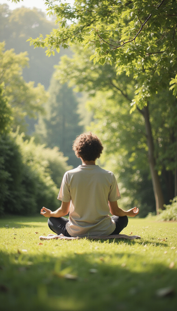A serene and calming scene featuring a person seated peacefully in meditation outdoors, surrounded by soft pastel colors, gentle sunlight, greenery, and a tranquil mood.