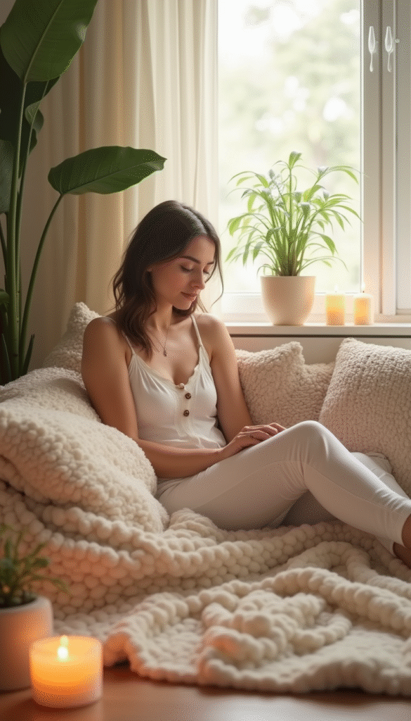 A peaceful woman seated on a cozy sofa with soft natural light, surrounded by calming indoor plants, candles, and soft pastel-colored cushions, creating a serene and tranquil atmosphere