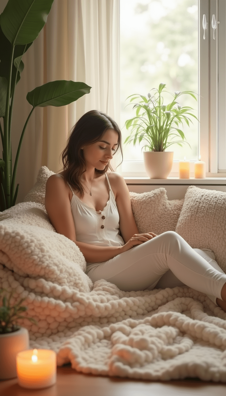 A peaceful woman seated on a cozy sofa with soft natural light, surrounded by calming indoor plants, candles, and soft pastel-colored cushions, creating a serene and tranquil atmosphere