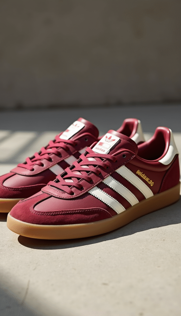 Close-up of the Adidas Samba OG Maroon and Cream sneakers featuring rich maroon and soft cream tones, detailed leather textures, and a classic sporty style with a sleek, modern vibe, set against a neutral background with natural lighting.