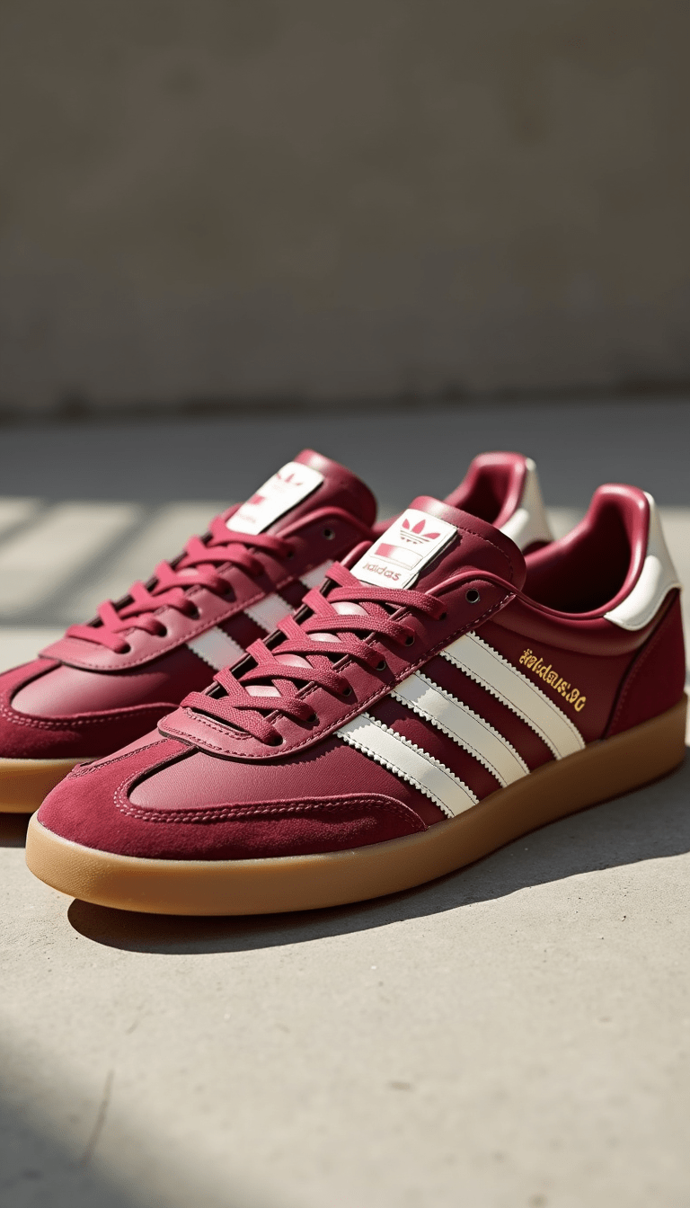 Close-up of the Adidas Samba OG Maroon and Cream sneakers featuring rich maroon and soft cream tones, detailed leather textures, and a classic sporty style with a sleek, modern vibe, set against a neutral background with natural lighting.