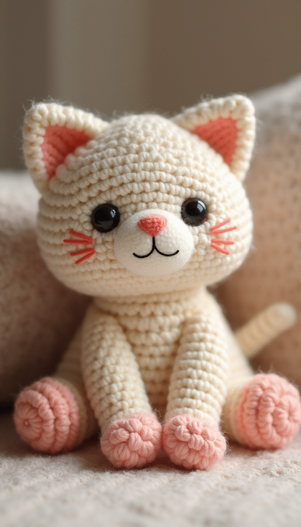 Colorful close-up of a cute, floppy cat amigurumi plush with bright pastel yarns, detailed stitching, cozy and whimsical style, focus on the adorable face and floppy limbs