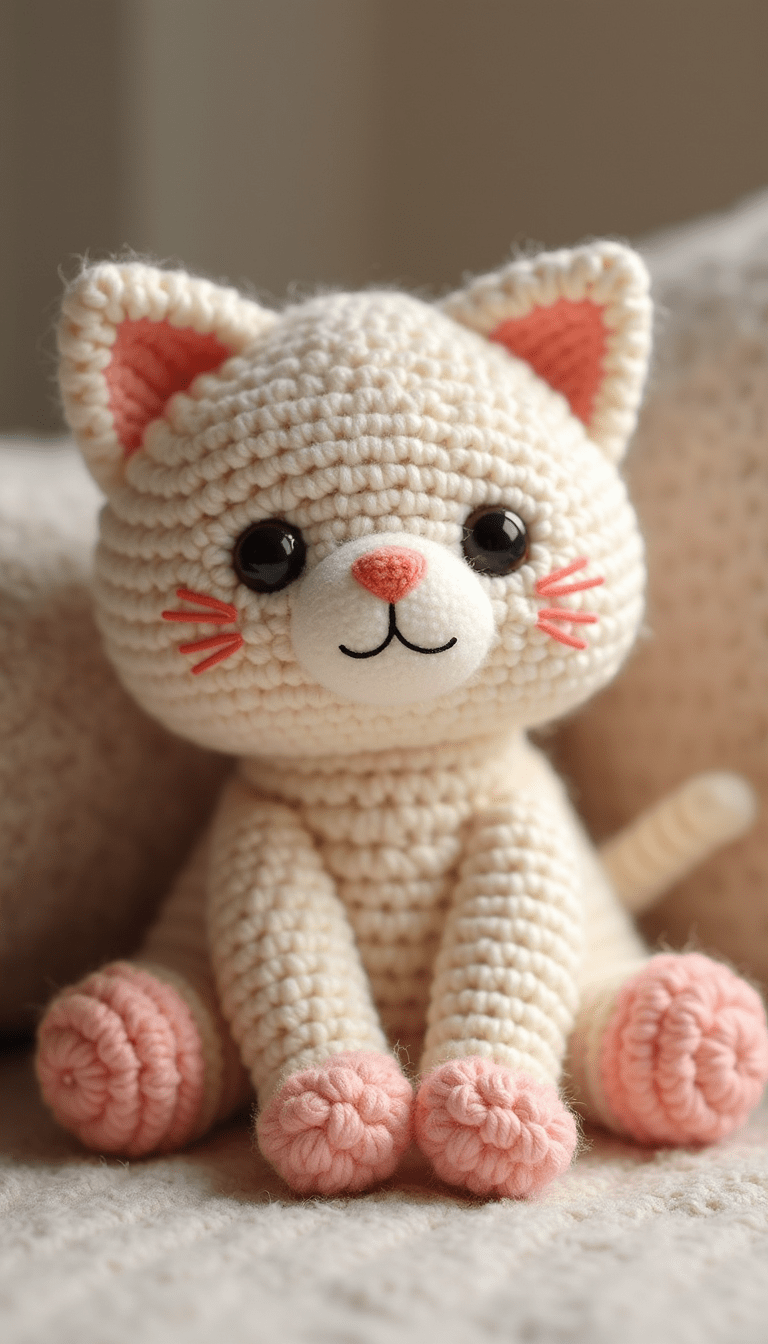 Colorful close-up of a cute, floppy cat amigurumi plush with bright pastel yarns, detailed stitching, cozy and whimsical style, focus on the adorable face and floppy limbs