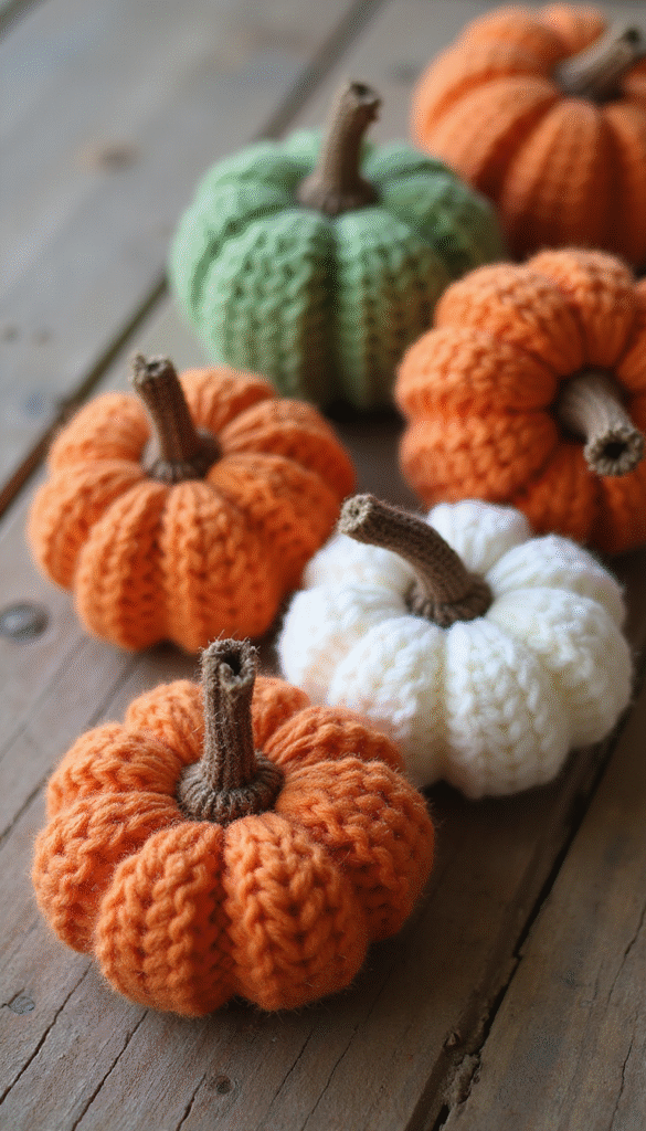 Close-up of colorful crochet pumpkins with orange, green, and white yarns arranged on a rustic wooden table, soft natural lighting, playful and cozy mood