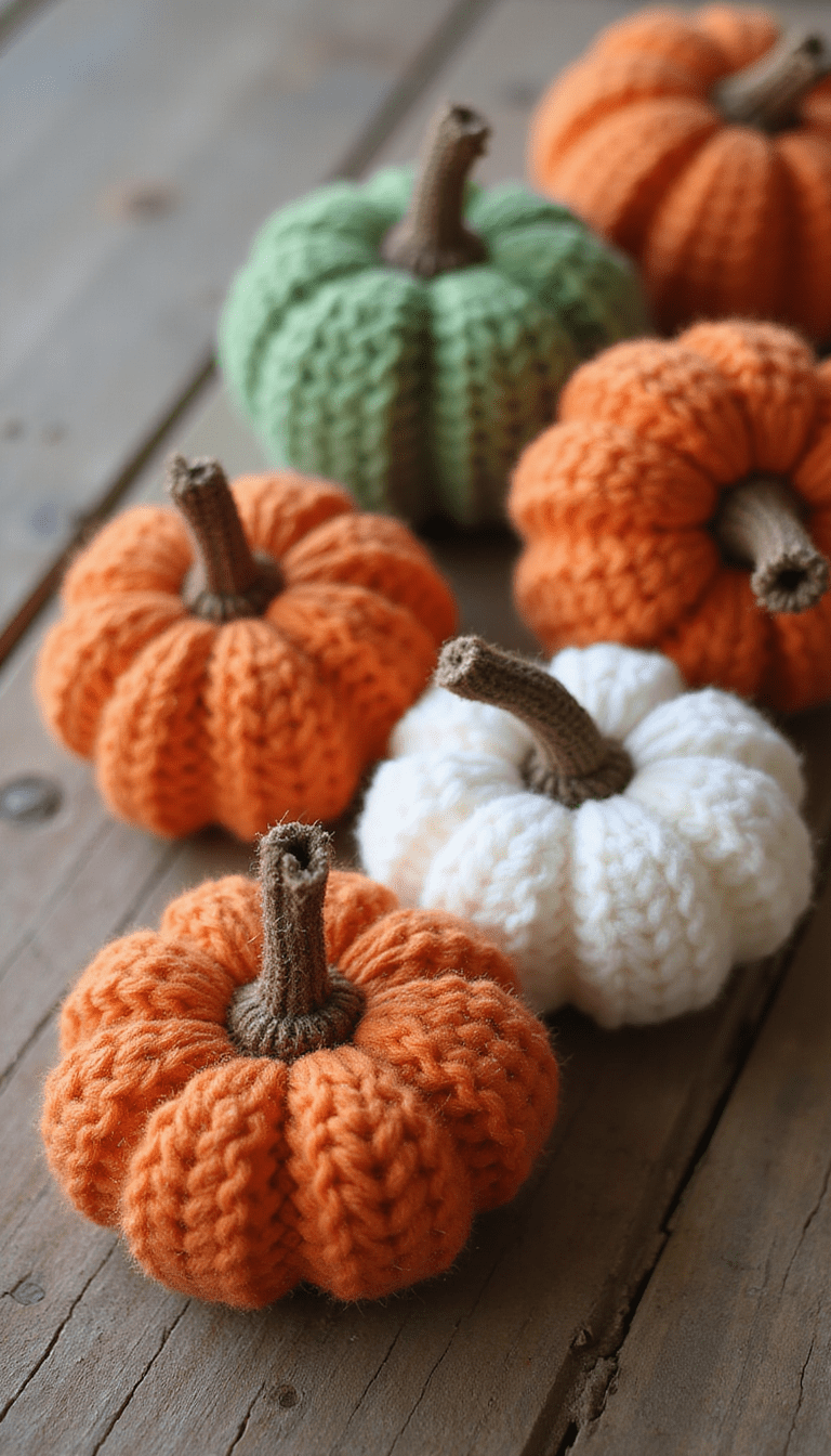 Close-up of colorful crochet pumpkins with orange, green, and white yarns arranged on a rustic wooden table, soft natural lighting, playful and cozy mood