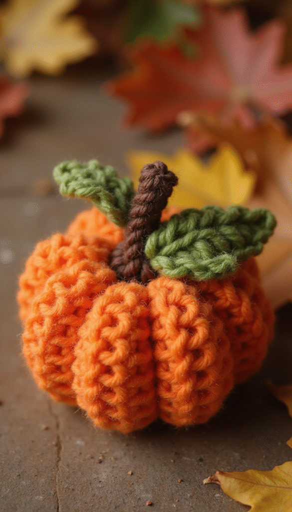 Close-up of a colorful crochet pumpkin keychain with orange, green, and brown yarn, detailed stitches, against a soft, blurred fall-themed background with warm lighting, emphasizing handmade craftsmanship and festive charm.