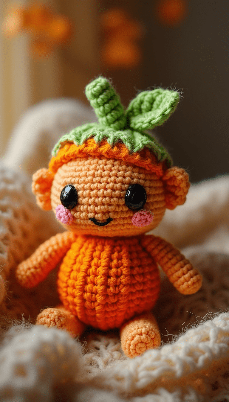 Brightly colored pumpkin-themed amigurumi doll with orange and green yarns, detailed stitching, soft texture, and a cheerful expression, set against a cozy yarn background in warm fall tones