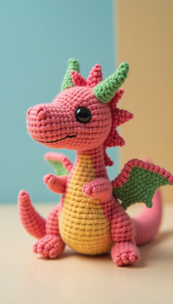 Colorful and cute small pocket dragon crochet figure with detailed stitches, lying on a soft pastel background, handmade style, vibrant and inviting mood