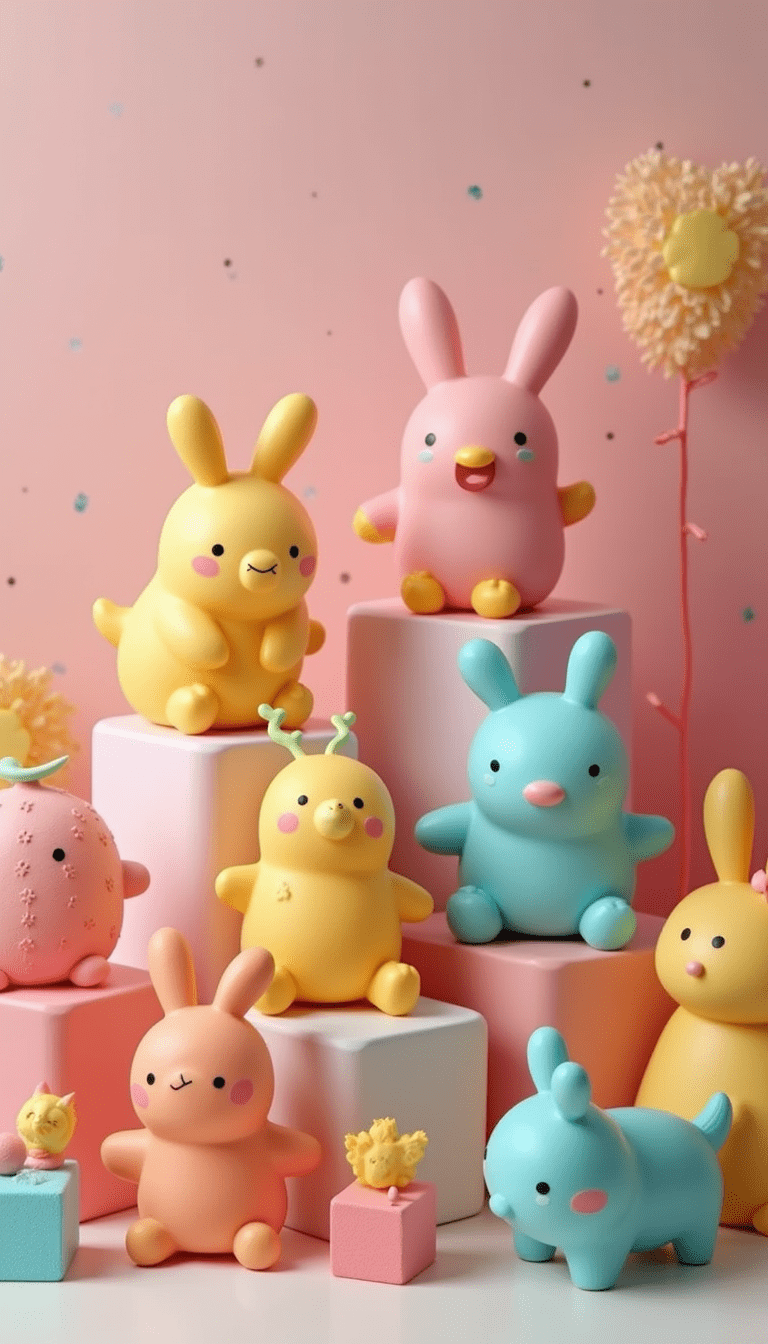 Bright, colorful images of various Amiguroom toys arranged in a playful setting, with a focus on soft pastel tones, whimsical shapes, and a cheerful mood capturing the essence of fun and creativity.