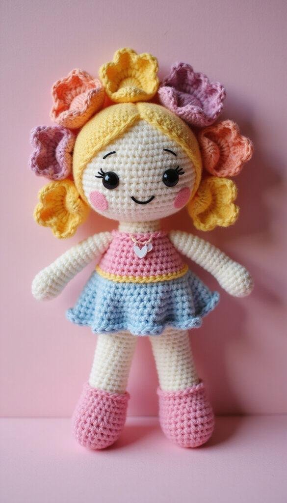 A vibrant and cute amigurumi flower doll crafted with colorful yarns, featuring intricate crochet stitches. The doll has a cheerful expression, with a pastel background and soft lighting creating a cozy, inviting mood.