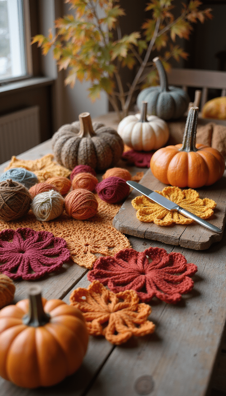 A cozy autumn scene featuring colorful crochet pumpkins, warm-toned yarns, and a crochet hook on a rustic wooden table, with fall leaves in the background, soft natural lighting, inviting and warm mood