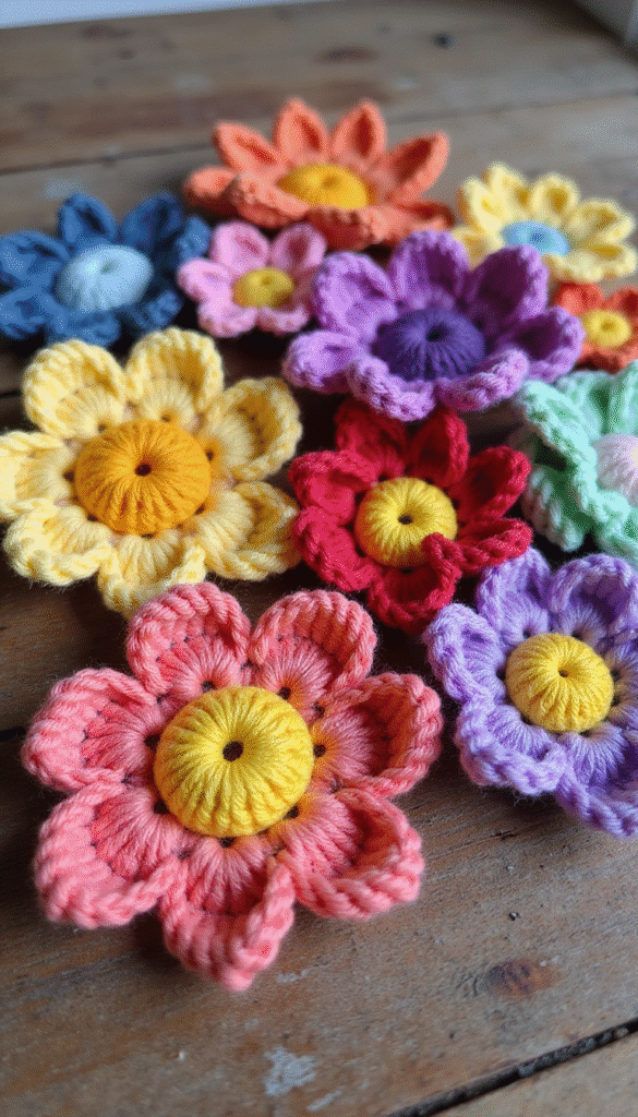 A vibrant array of colorful crochet flowers arranged on a rustic wooden surface, showcasing detailed petal textures in bright reds, pinks, yellows, and greens with a soft focus background.