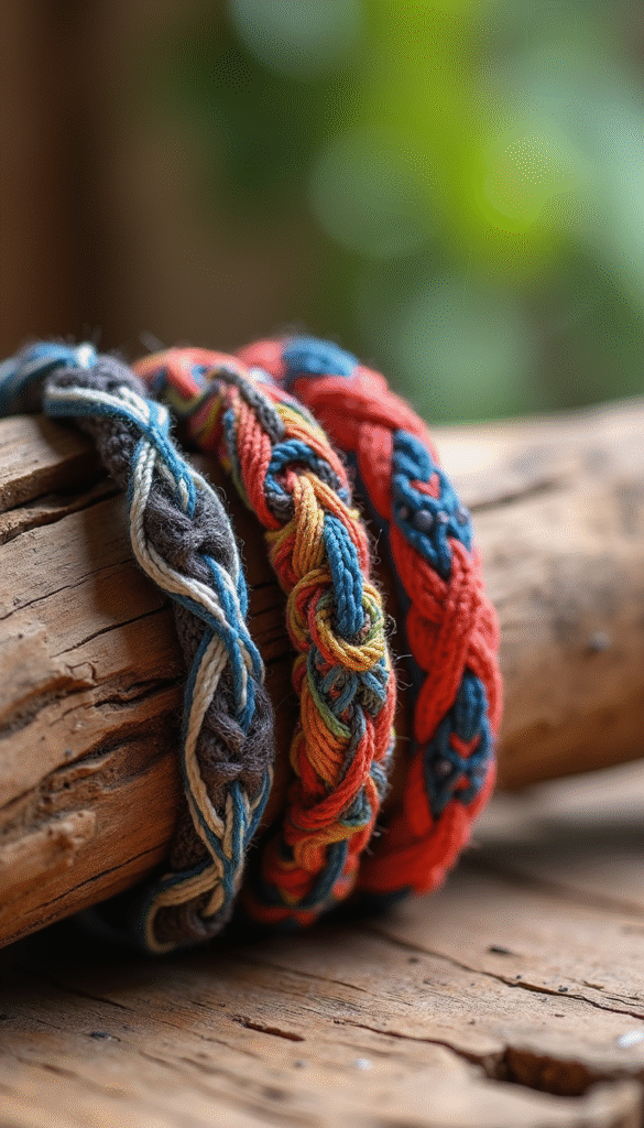 A close-up of colorful handmade macrame bracelets with intricate knot patterns, displayed on a wooden surface with soft natural lighting, emphasizing craftsmanship and vibrant textures.