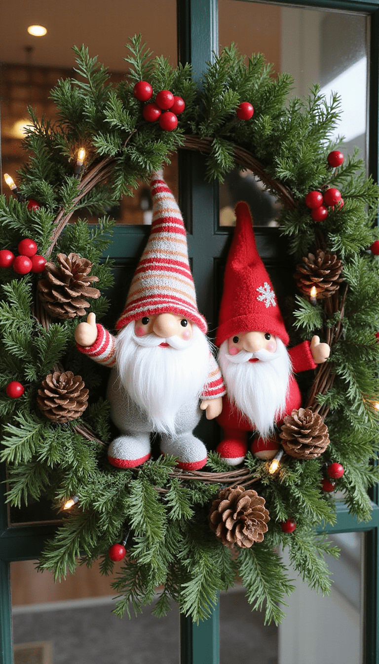 A vibrant Christmas wreath featuring whimsical gnome figurines with red hats and beards, adorned with holly, berries, pinecones, and fairy lights, all set against a cozy winter background in warm tones and soft focus.