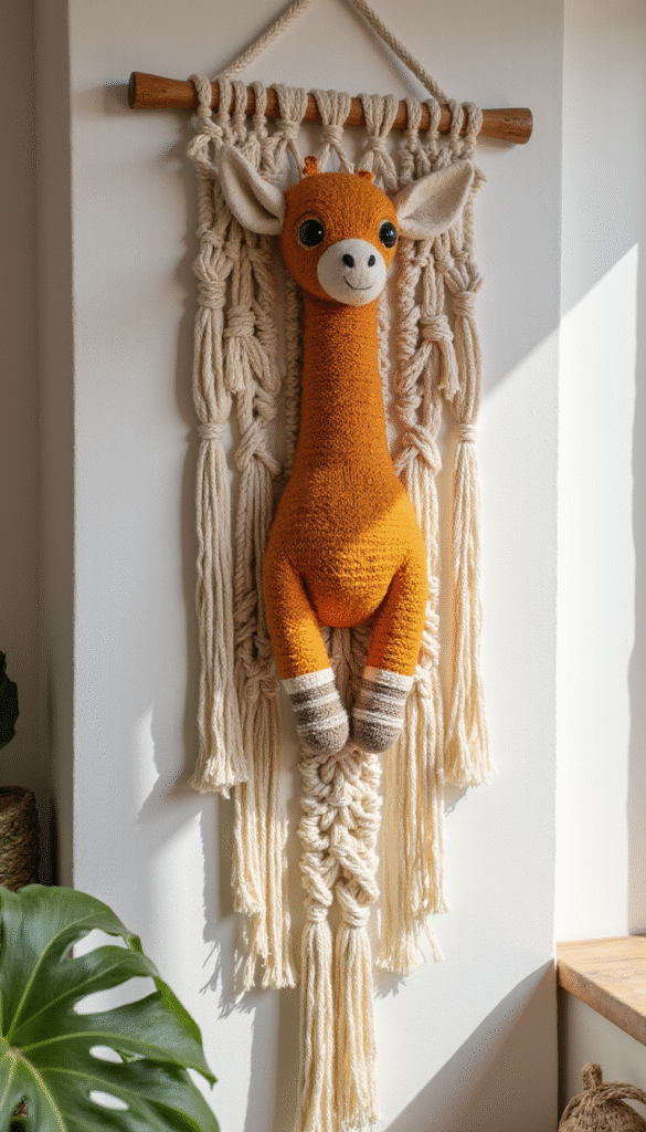 Colorful macrame giraffe wall hanging in boho style with vibrant yarns in earthy tones, detailed knots and textures on a minimalist white wall, cozy and artistic mood