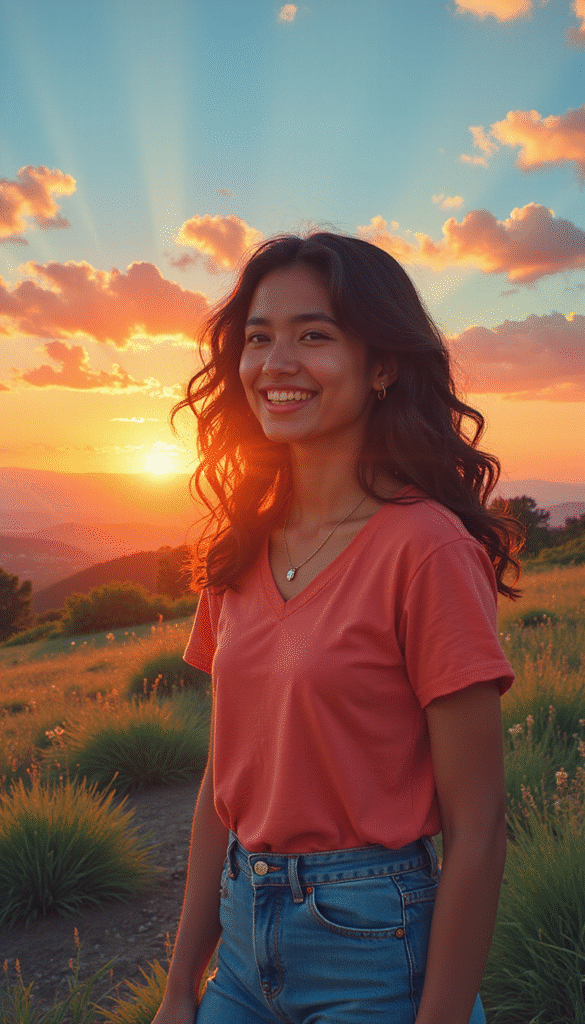 A vibrant image featuring a person smiling confidently outdoors, with a bright and uplifting background of nature tones, emphasizing positivity and empowerment, in a modern illustrative style.