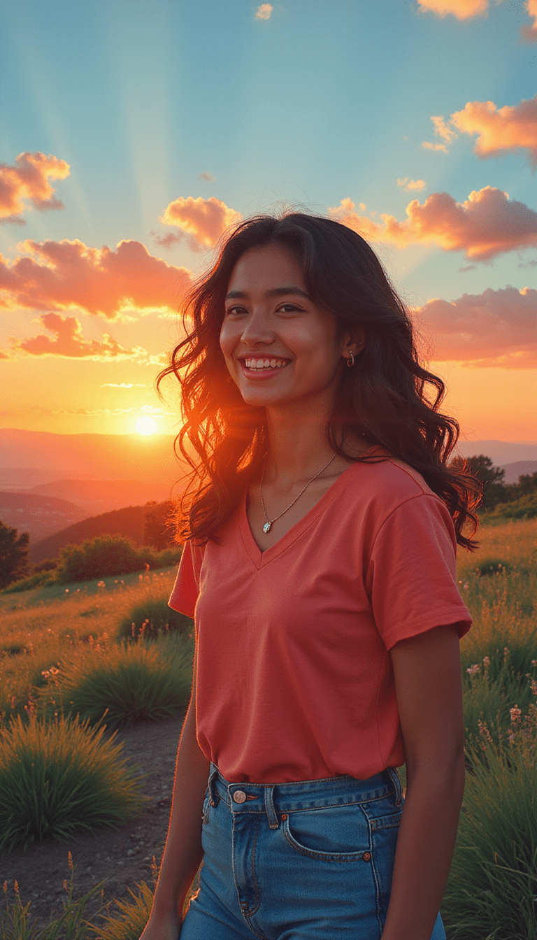 A vibrant image featuring a person smiling confidently outdoors, with a bright and uplifting background of nature tones, emphasizing positivity and empowerment, in a modern illustrative style.