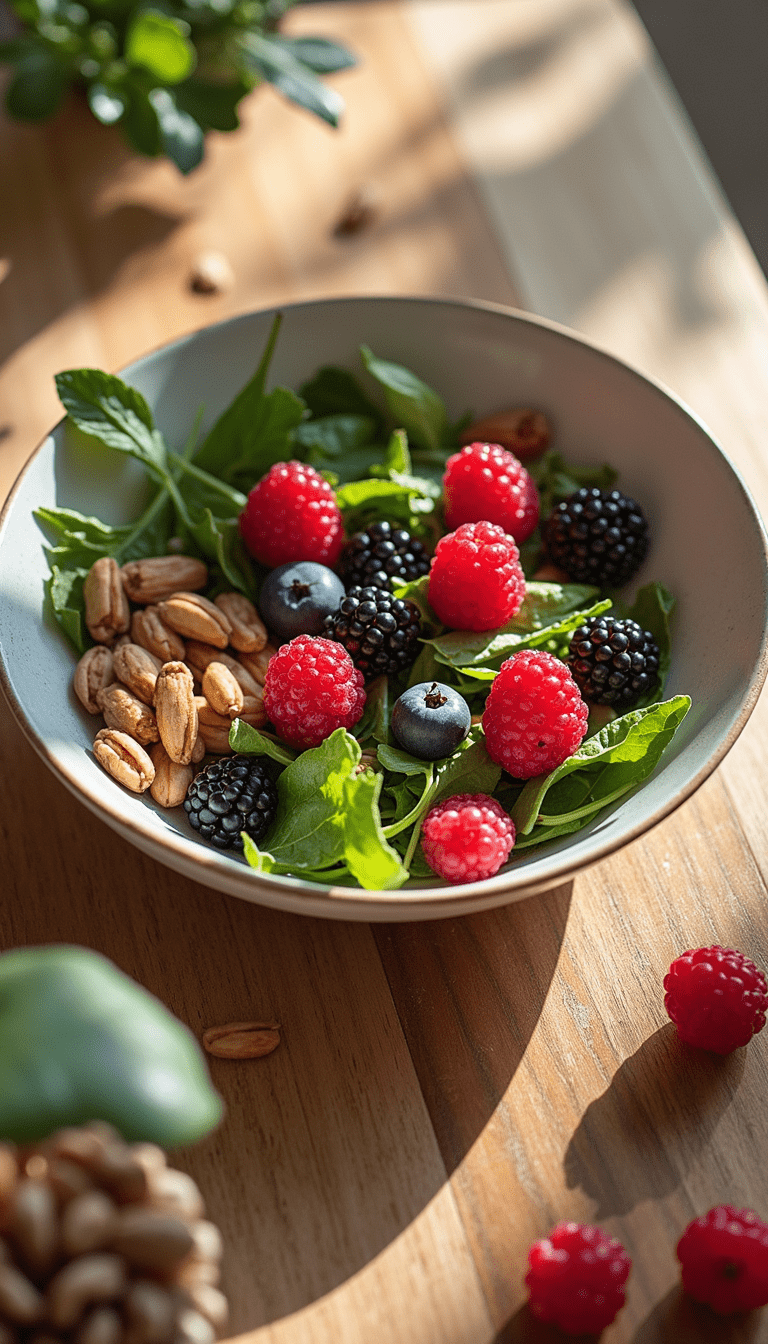 A vibrant, fresh plate of healthy foods including colorful berries, leafy greens, and nuts on a wooden table with natural light, evoking a calm and focused mood.
