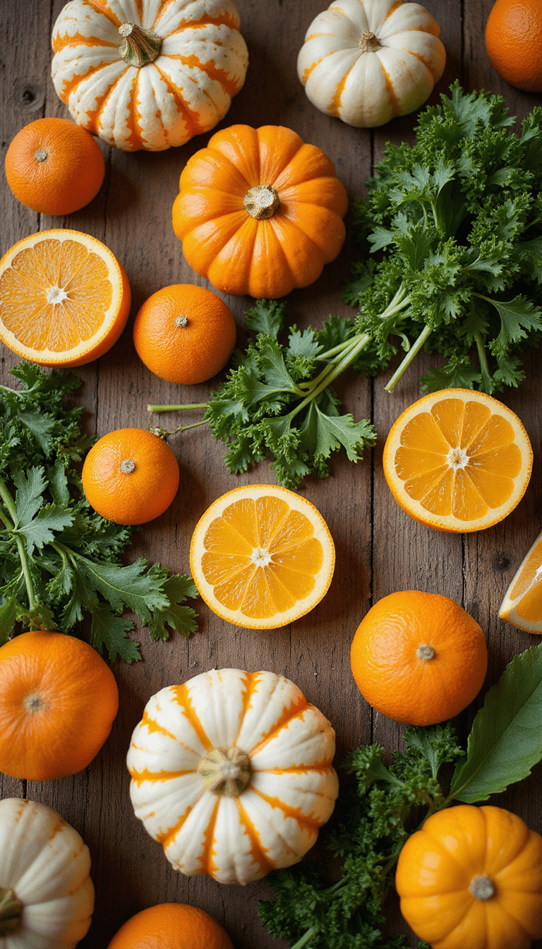 A vibrant and colorful assortment of seasonal fruits and vegetables arranged on a rustic wooden table, with fresh leaves and herbs in the background, styled in bright, inviting colors that evoke health and vitality.