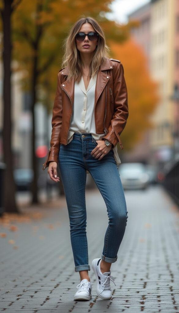 A stylish woman wearing white Adidas sneakers and a brown leather jacket, standing confidently in a modern urban setting with soft natural lighting, vibrant colors, and a fashionable, effortless vibe.