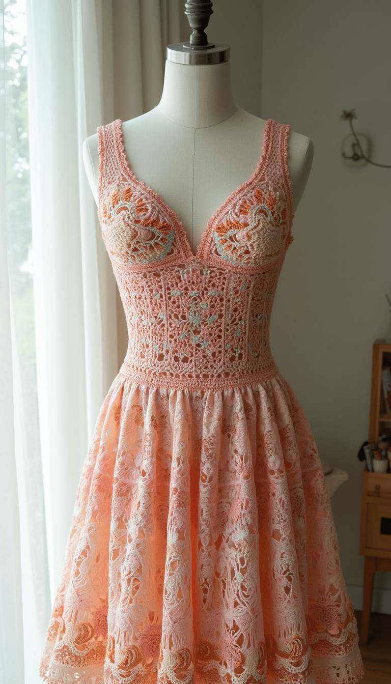 A vibrant crochet butterfly dress displayed on a mannequin with intricate lace details, in soft pastel colors, styled in a bright, airy setting with natural light emphasizing texture and craftsmanship, creating a whimsical and stylish mood.