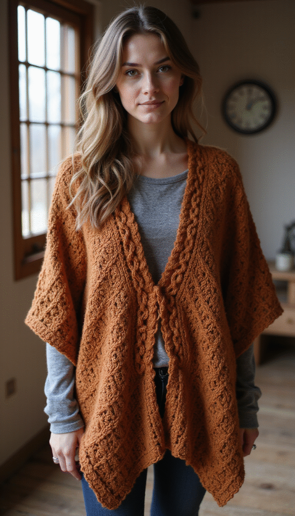 Close-up of a handmade Celtic crochet poncho featuring intricate patterns in warm earth tones, draped elegantly on a rustic wooden background with soft natural lighting, creating a cozy and artistic mood.