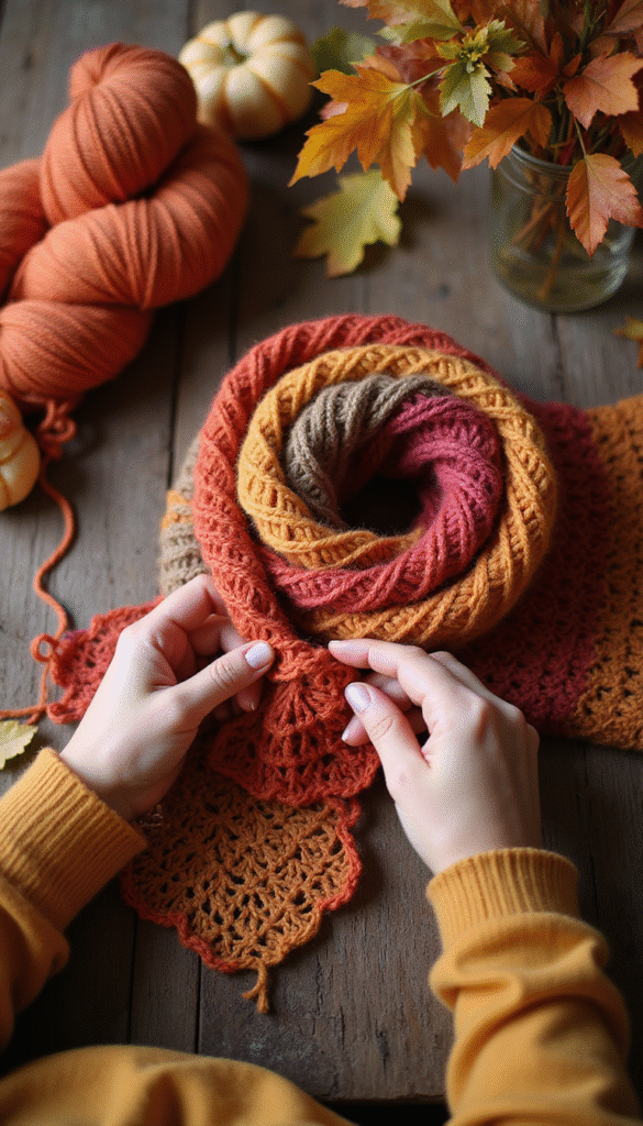 A cozy, vibrant autumn scene featuring hands crocheting a colorful scarf with warm oranges, reds, and browns. In the background, a rustic table with skeins of yarn, crochet hooks, and finished patterns, surrounded by fall leaves and soft natural lighting, creating a warm, inviting mood.