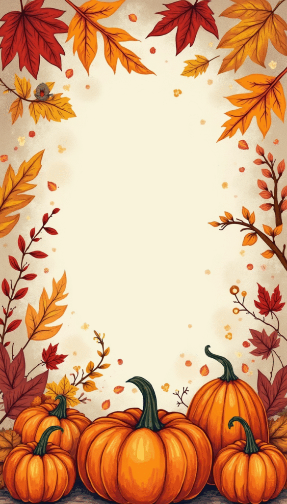 Vibrant autumn-themed sketches featuring leaves, pumpkins, and cozy elements, in a colorful, hand-drawn style with warm tones of orange, red, yellow, and brown, creating a cheerful and inviting mood.