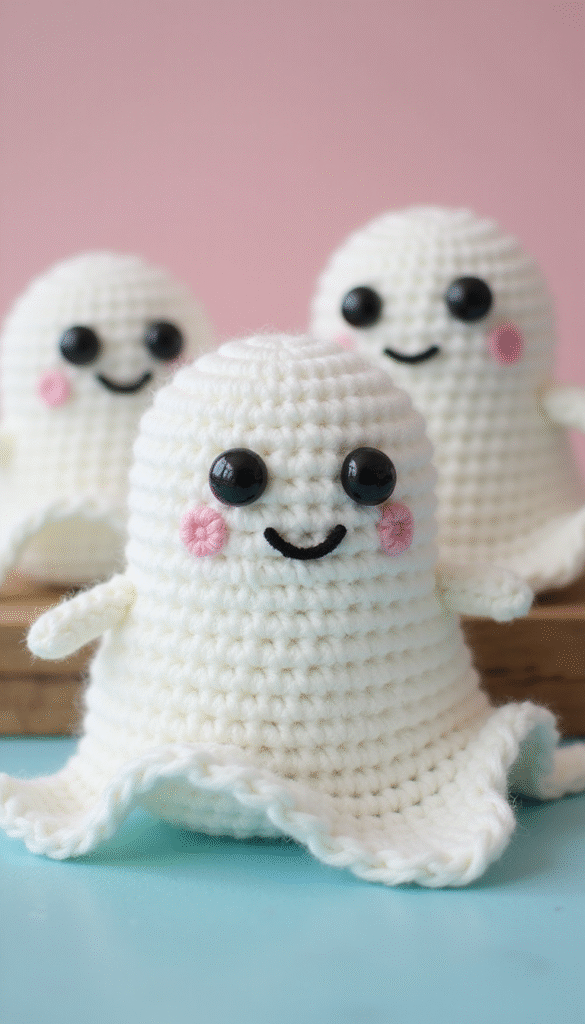 Colorful close-up of adorable crocheted ghost toys with bright white yarn, black stitched eyes, and playful expressions, set against a pastel background with soft lighting, emphasizing the cute and cozy vibe of the pattern.