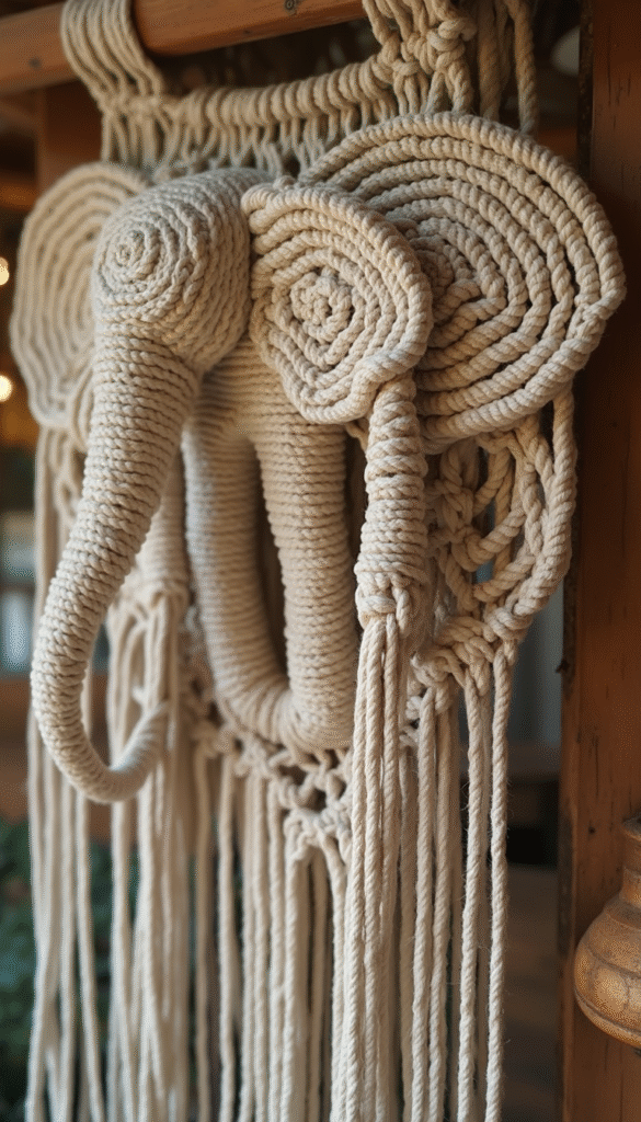 A vibrant bohemian-style wall hanging featuring a detailed macrame elephant in beige and earthy tones, hanging against a light textured wall with natural wood accents, soft warm lighting setting a cozy and artistic mood.