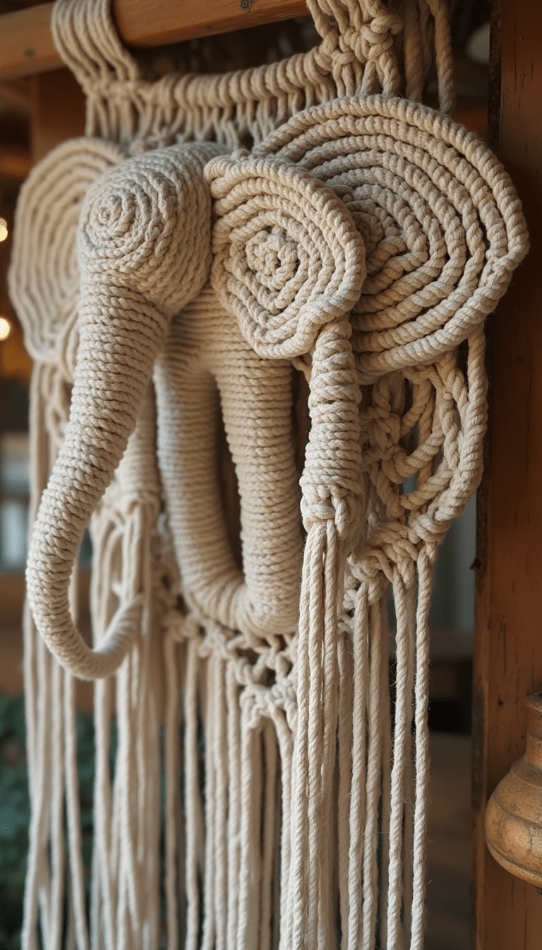 A vibrant bohemian-style wall hanging featuring a detailed macrame elephant in beige and earthy tones, hanging against a light textured wall with natural wood accents, soft warm lighting setting a cozy and artistic mood.