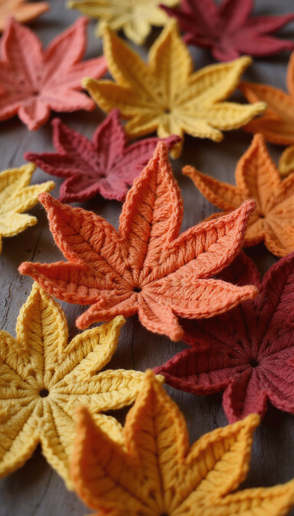 Close-up of colorful crochet maple leaves in warm autumn tones on a rustic wooden surface, detailed stitches, cozy and inviting mood