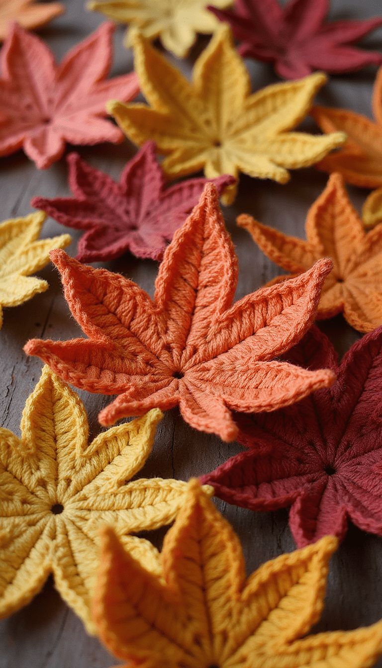 Close-up of colorful crochet maple leaves in warm autumn tones on a rustic wooden surface, detailed stitches, cozy and inviting mood