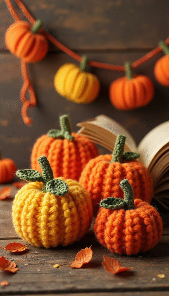 A vibrant fall-themed crochet pumpkin bookmark and garland set displayed on a rustic wooden surface, with warm orange, yellow, and brown tones, detailed stitches visible, cozy and inviting mood