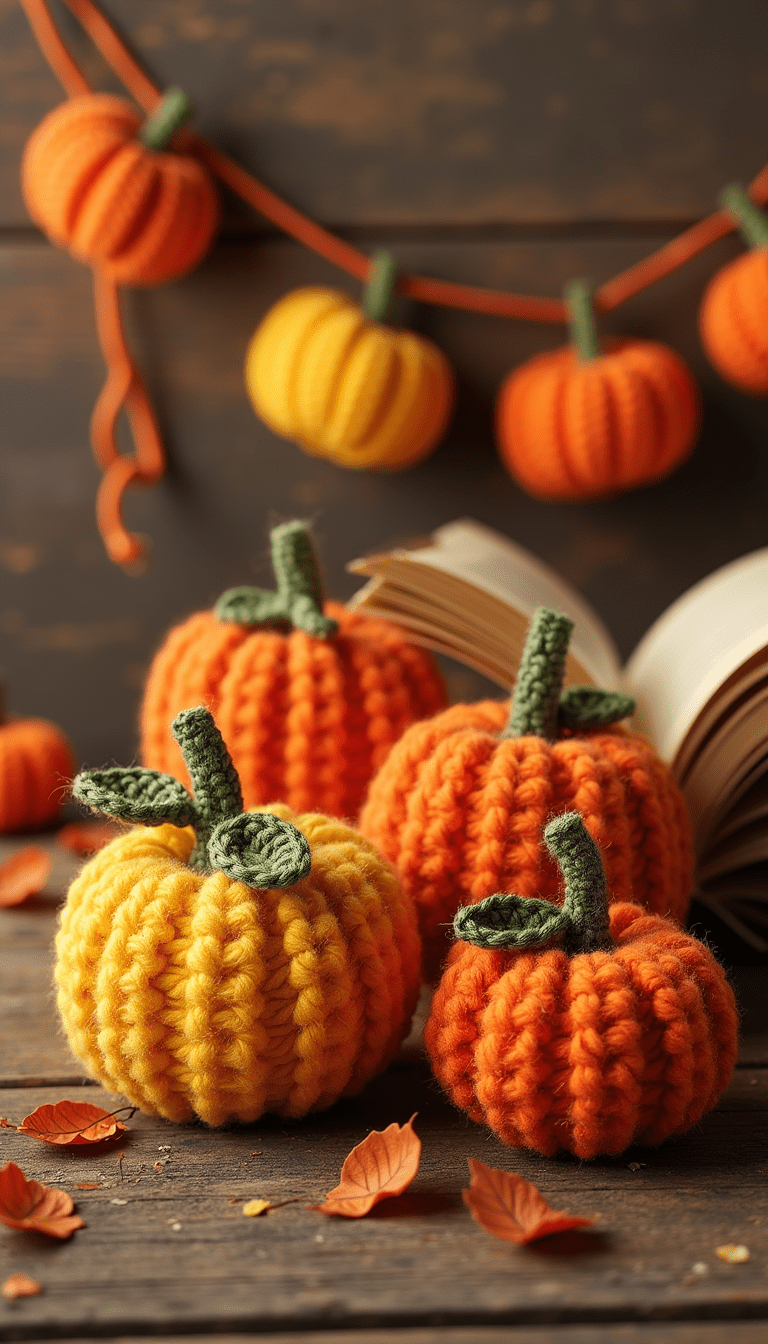 A vibrant fall-themed crochet pumpkin bookmark and garland set displayed on a rustic wooden surface, with warm orange, yellow, and brown tones, detailed stitches visible, cozy and inviting mood