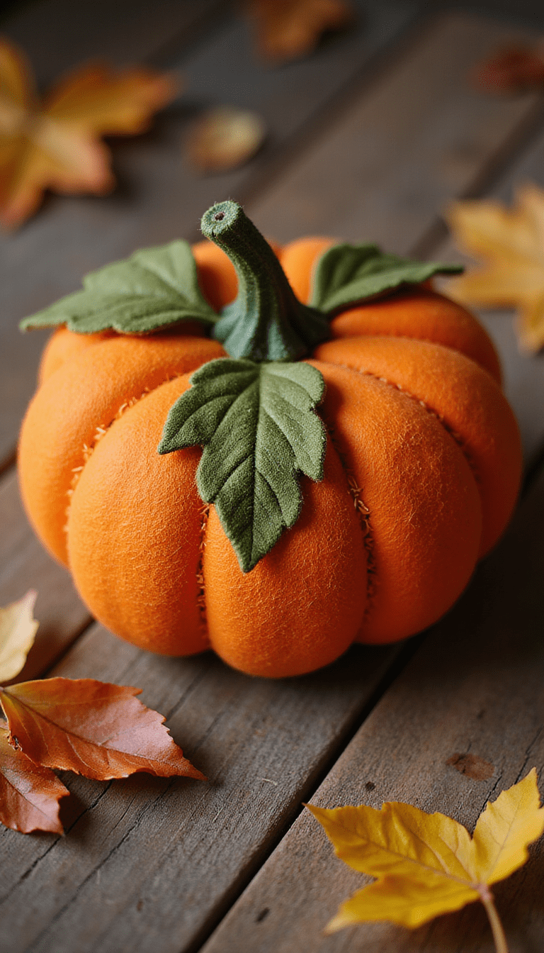 A colorful, cozy scene featuring a beautifully sewn pumpkin with vibrant orange fabric, green leaves, and a rustic stitched stem, set against a warm wooden background with autumn leaves scattered around, capturing a festive, handcrafted vibe.