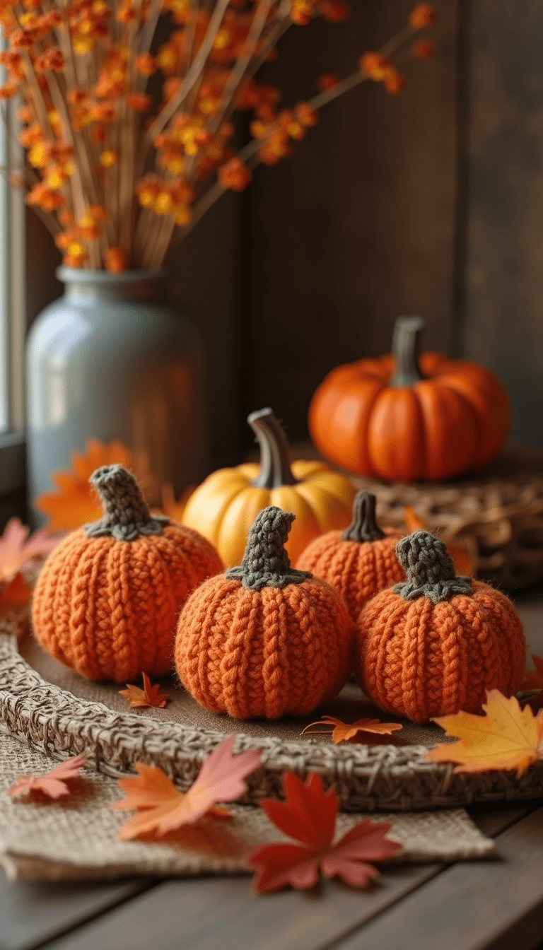 Vibrant autumn-inspired crochet trio featuring warm orange, brown, and cream yarns arranged with crochet hooks and cozy decor elements, photography style.