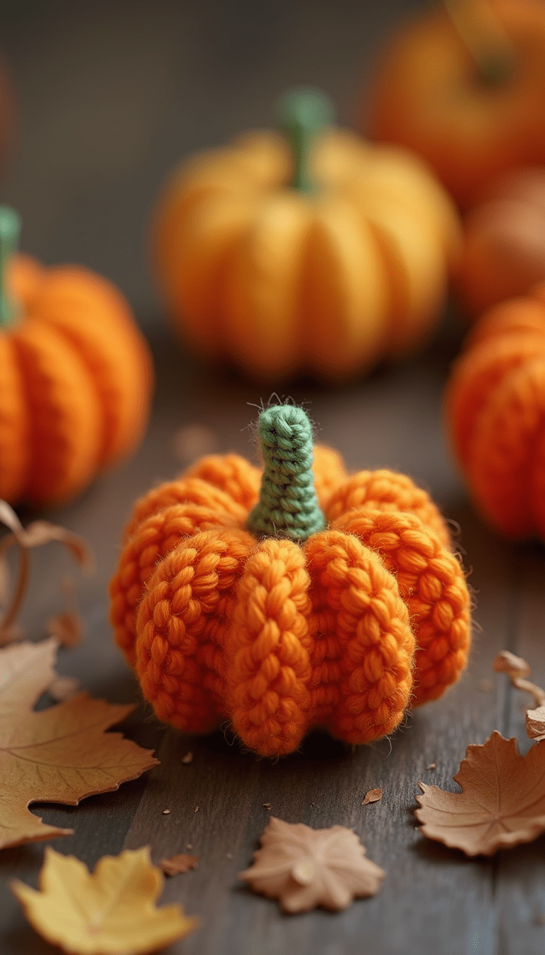 Close-up of a handmade tiny crochet pumpkin with orange yarn, green stem, soft lighting, surrounded by autumn leaves and cozy background, crafted with detailed stitches in a warm, inviting style