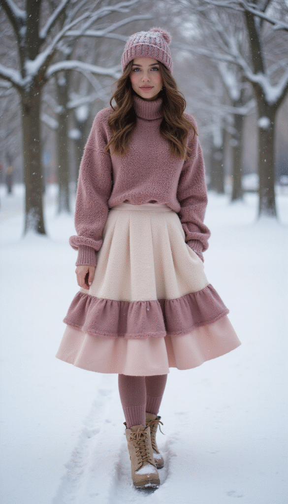 A stylish woman outdoors in a cozy winter scene, wearing a layered skirt with warm tights and boots, snowflakes falling, soft pastel colors, cheerful and fashionable mood