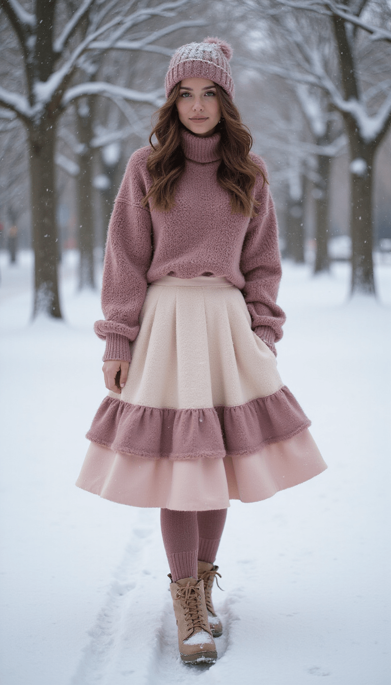 A stylish woman outdoors in a cozy winter scene, wearing a layered skirt with warm tights and boots, snowflakes falling, soft pastel colors, cheerful and fashionable mood
