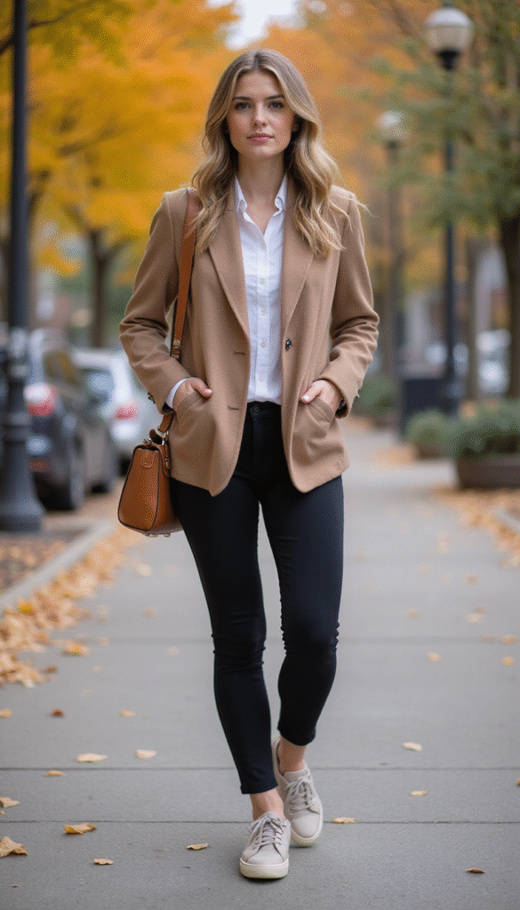 A stylish woman in a sophisticated business casual outfit featuring trendy fall sneakers, standing in an urban park with autumn leaves, warm earthy tones, soft natural lighting, modern and elegant style, focus on sneakers and outfit details