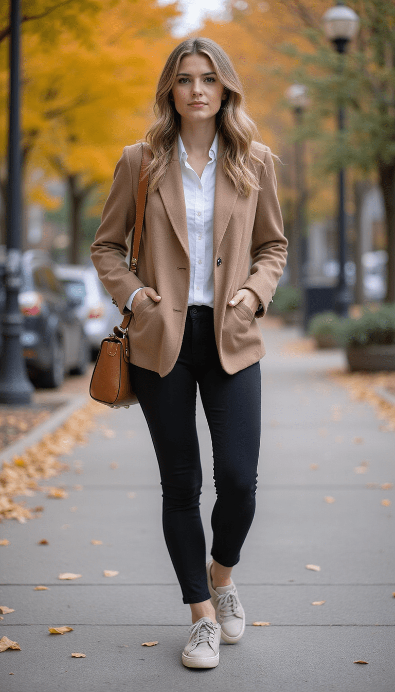 A stylish woman in a sophisticated business casual outfit featuring trendy fall sneakers, standing in an urban park with autumn leaves, warm earthy tones, soft natural lighting, modern and elegant style, focus on sneakers and outfit details