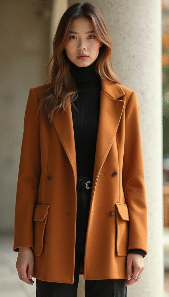 Close-up of a stylish blazer coat featuring a collar and pocket details, with vibrant autumn hues and crisp fabric textures, styled in a minimalist, fashion-forward setting with natural lighting invigorating the scene.